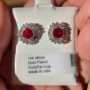 Ruby & CZ on 14K White Gold Plated Stud Earrings NWT in Box Made in USA